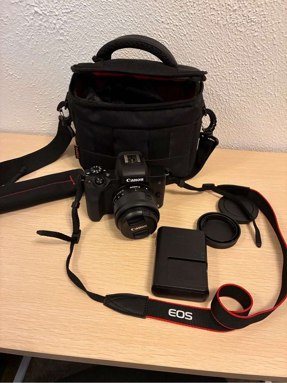 Canon Mirrorless Camera Bundle in Black with Red-Trim Strap